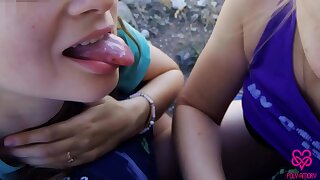 A airing in the mountains turned buy a blowjob with two girls